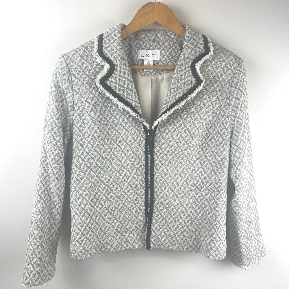 Vintage ISC Gray White Silk Diamond Textured Zip Front Jacket 14